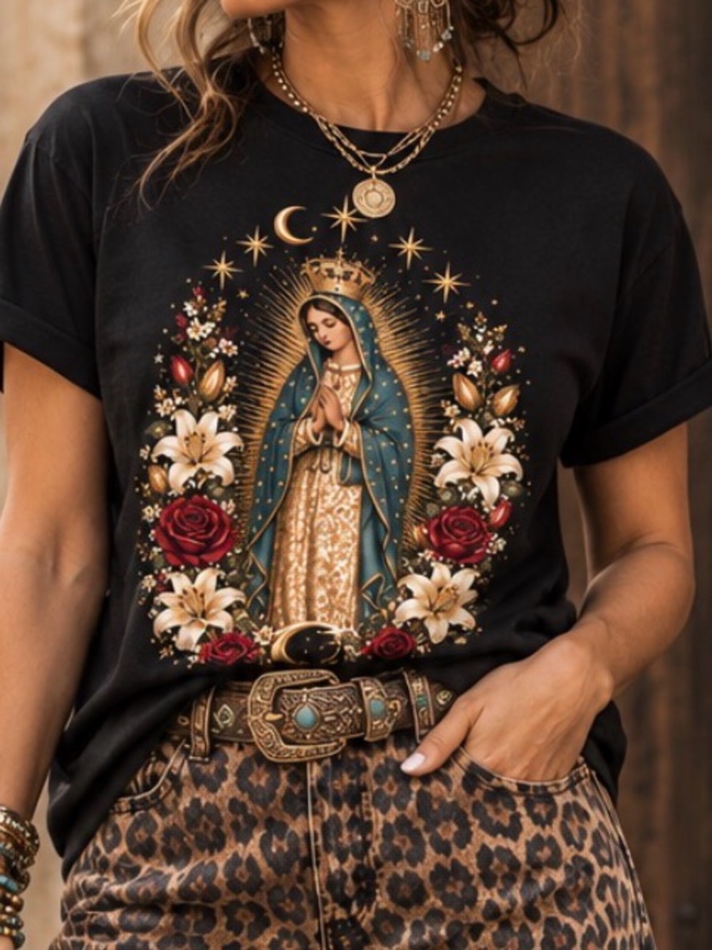 Our Lady of Guadalupe Floral Celestial Graphic Black Tee